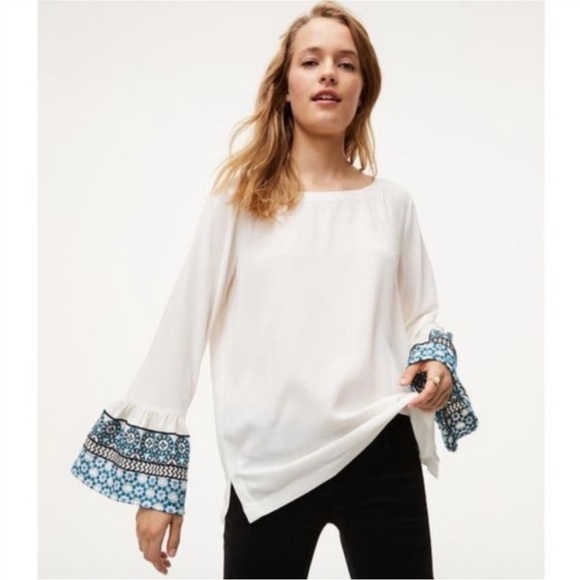 LOFT Tops - Loft White Embroidered Bell Sleeve Top‎ Size L